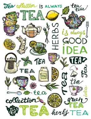 Çay saati koleksiyonu el çekilmiş. Kupası ve çaydanlık. Vektör çizim.