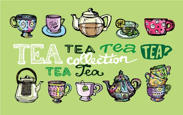 Коллекция чая ручной работы. Чашка и чайник. Векторная иллюстрация . — стоковый вектор