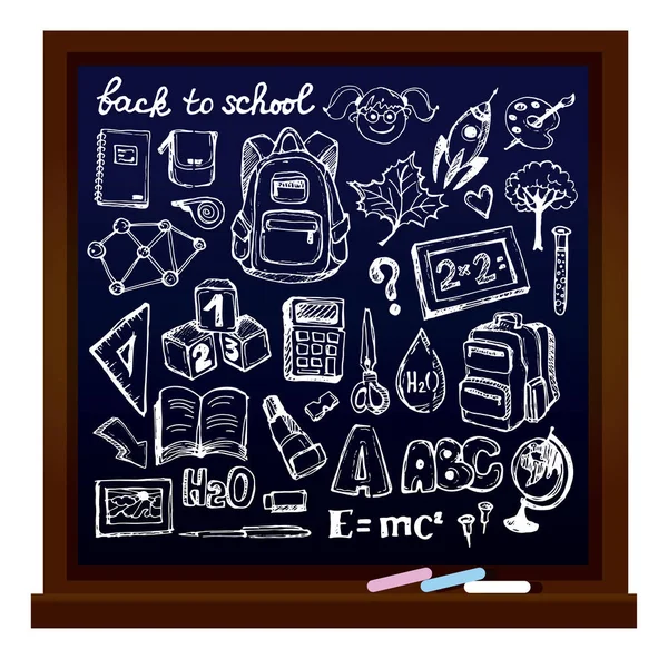 Chalk board vector illustration. Back to school big doodles set. Hand drawn with ink. Vector illustration.Freehand drawing school items. Back to School.