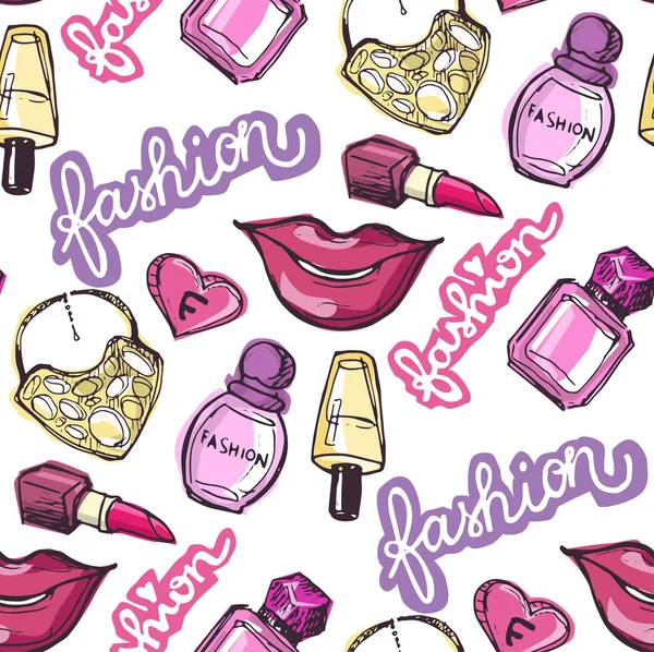 Big vector fashion sketch set. Hand drawn graphic lips, perfume. Glamour fashion sketch.Vector illustration — Stock Vector