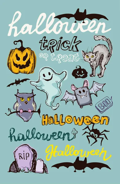 Halloween dibujado a mano personajes y atributos doodle conjunto. Ilustración vectorial Halloween. Ilustración vectorial . — Vector de stock