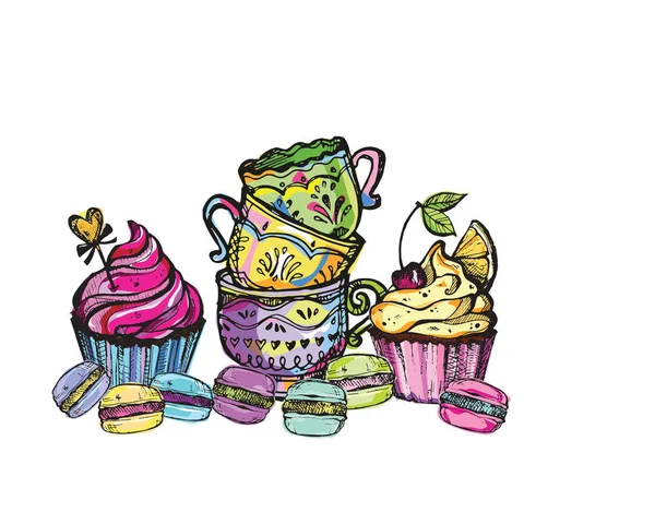Elle çizilmiş doodle çay bardağı kek ile. Kek ve kurabiye. Vektör çizim.