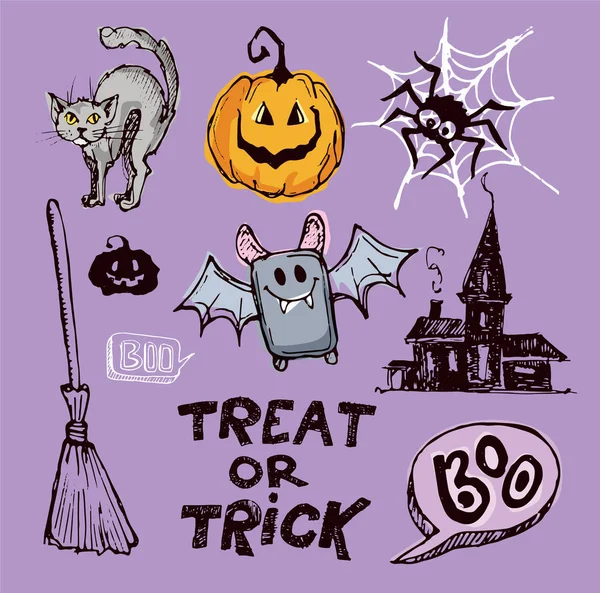 Behandeln oder austricksen. Halloween handgezeichnete Doodle Illustration. Vektorillustration. — Stockvektor