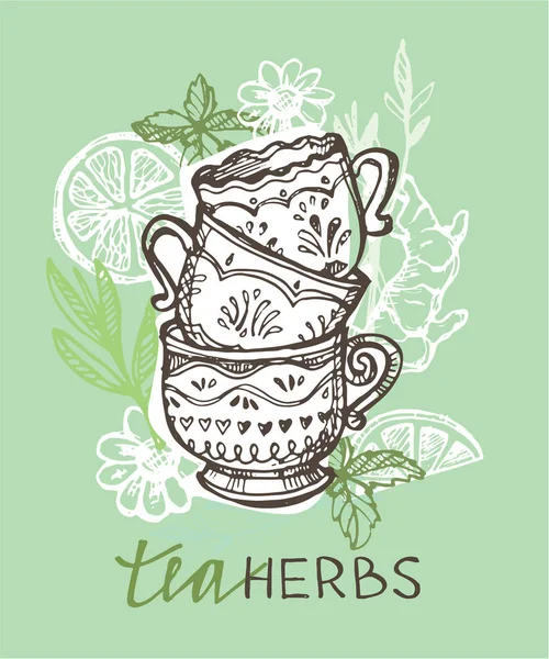 Çay saati koleksiyonu el çekilmiş. Kupası ve çaydanlık. Vektör çizim.