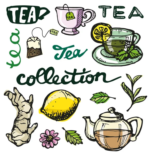 Ręcznie rysowane herbata czas kolekcji. Puchar i czajnik. Ilustracja wektorowa. — Wektor stockowy
