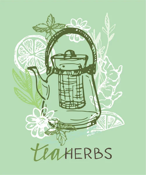 Çay saati koleksiyonu el çekilmiş. Kupası ve çaydanlık. Vektör çizim.