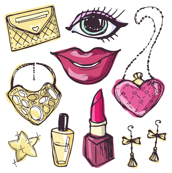 Big vector fashion sketch set. Hand drawn graphic lips, perfume. Glamour fashion sketch.Vector illustration — Stock Vector