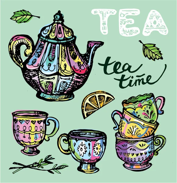 Hand drawn tea time collection. Cup and teapot. Vector illustration. — Stock Vector