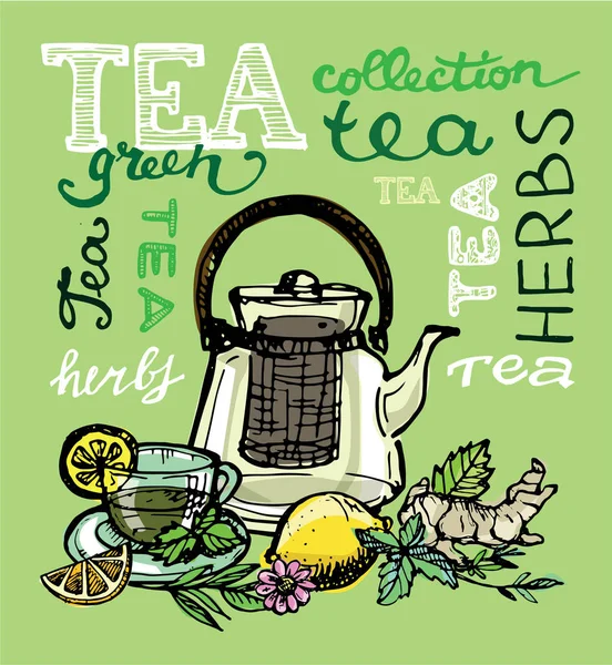 Çay saati koleksiyonu el çekilmiş. Kupası ve çaydanlık. Vektör çizim.