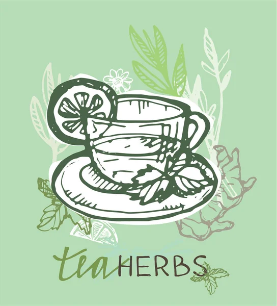 Çay saati koleksiyonu el çekilmiş. Kupası ve çaydanlık. Vektör çizim.