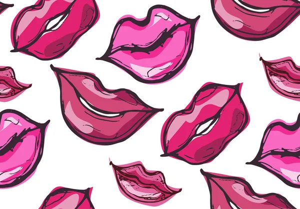 Modèle de doodle dessiné à la main avec des lèvres rouges. Mignon plaisir lèvres roses baiser motif sans couture — Image vectorielle