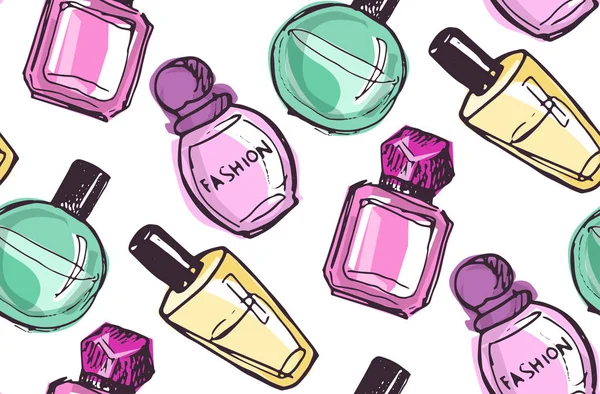 Parfüm şişesi ile el çizilmiş doodle desen. Vektör arka plan.