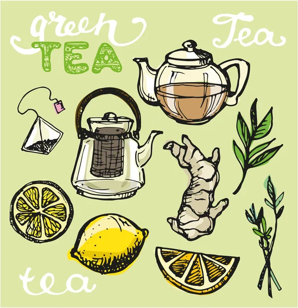 Çay saati koleksiyonu el çekilmiş. Kupası ve çaydanlık. Vektör çizim.