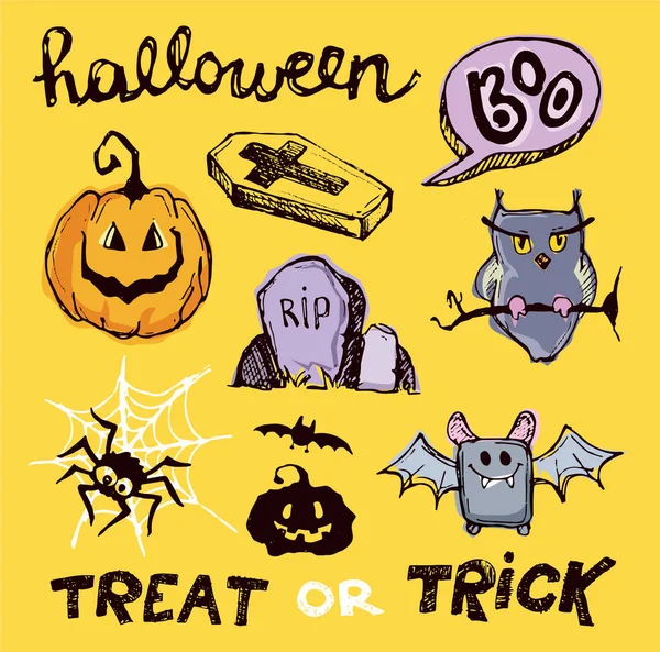 Traktatie of truc. Halloween hand getrokken doodle illustratie. Vectorillustratie. — Stockvector