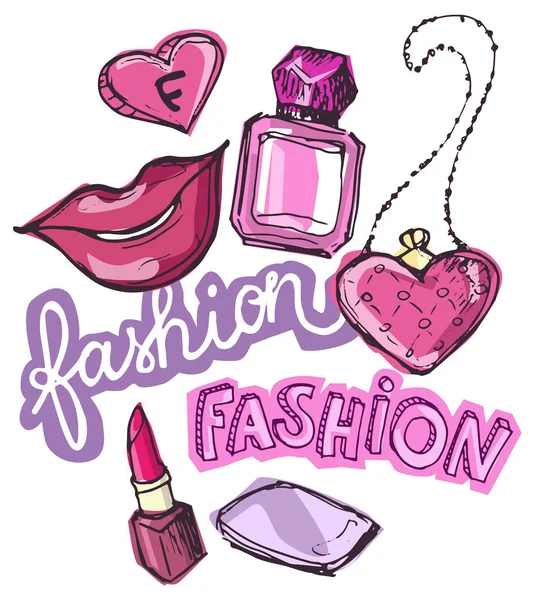 Gran conjunto de bocetos de moda vectorial. Labio gráfico dibujado a mano, perfume. Boceto de moda Glamour. Ilustración vectorial — Vector de stock