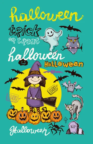 Halloween handgezeichnete Charaktere und Attribute Kritzelset. Halloween-Vektorillustration. Vektorillustration. — Stockvektor