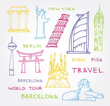 Elle çizilmiş doodle seyahat illüstrasyon.