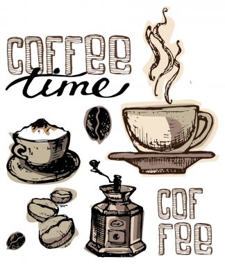 El çekilmiş kahve seti. Sütlü kabak vektör çizim.