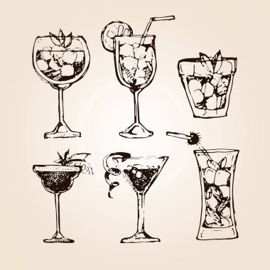 Kokteyl küme. Menü çubukları, restoranlar, Davetiyeler, duyurular grafik tasarım öğeleri. Elle çizilmiş kroki alkollü kokteyller kümesi. Vintage vektör çizim 