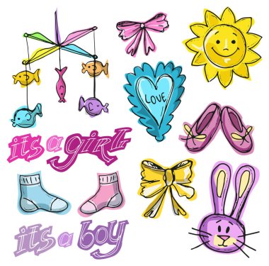 Bebek duş tasarım vektör çizim, elle çizilmiş bebek kümesi kümesi. Bebek d. kartı. Bu ' bir çocuk! Bir kız