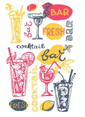 Kokteyl küme. Menü çubukları, restoranlar, Davetiyeler, duyurular grafik tasarım öğeleri. Elle çizilmiş kroki alkollü kokteyller kümesi. Vintage vektör çizim