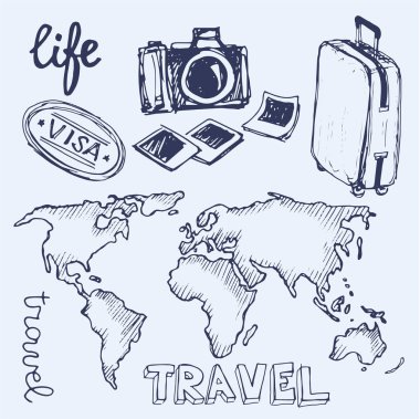 Elle çizilmiş vektör seyahat set. Vektör çizim. Seyahat gidelim