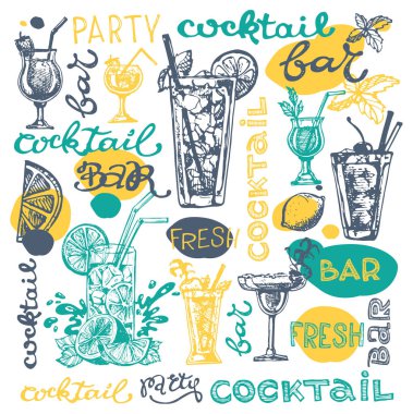 Kokteyl küme. Menü çubukları, restoranlar, Davetiyeler, duyurular grafik tasarım öğeleri. Elle çizilmiş kroki alkollü kokteyller kümesi. Vintage vektör çizim