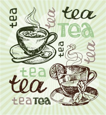 Elle çizilmiş doodle çay illüstrasyon. Limon ve nane