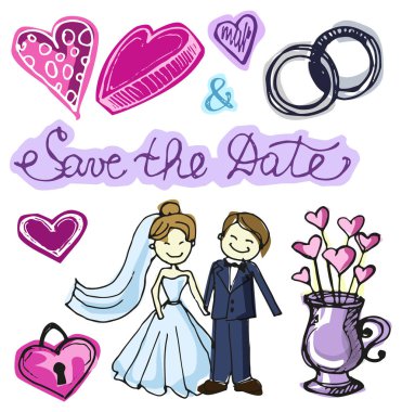 Elle çizilmiş düğün illüstrasyon. Vektör çizim. Yarım yamalak evlilik romantik afiş. 