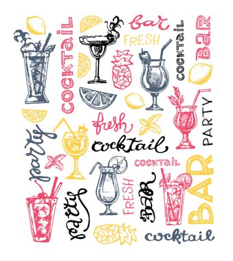 Kokteyl küme. Menü çubukları, restoranlar, Davetiyeler, duyurular grafik tasarım öğeleri. Elle çizilmiş kroki alkollü kokteyller kümesi. Vintage vektör çizim