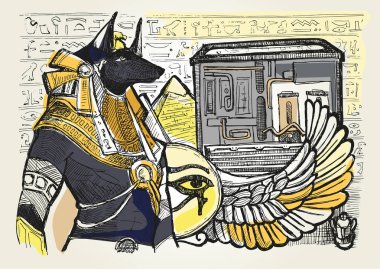 Mısır arka plan üzerinde çok büyük karanlık Anubis. Mısır vektör çizim el çekilmiş.