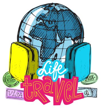 Elle çizilmiş vektör seyahat set. Vektör çizim. Seyahat gidelim