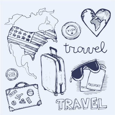 Elle çizilmiş vektör seyahat set. Vektör çizim. Seyahat gidelim