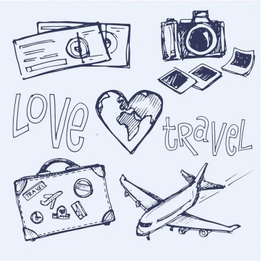 Elle çizilmiş vektör seyahat set. Vektör çizim. Seyahat gidelim