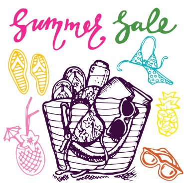 Elle çizilmiş doodle vektör yaz afiş. Yaz şablon afiş. Merhaba, yaz! Vektör çizim.