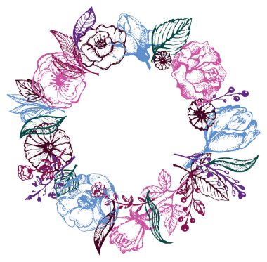 Çiçek kümesi: son derece detaylı elle çizilmiş çiçek ve yaprakları. Yaz çiçek. Bahar çiçek.