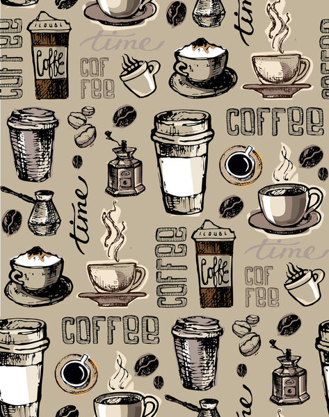 Hand drawn coffee set. Latte with pumpkin vector illustration.