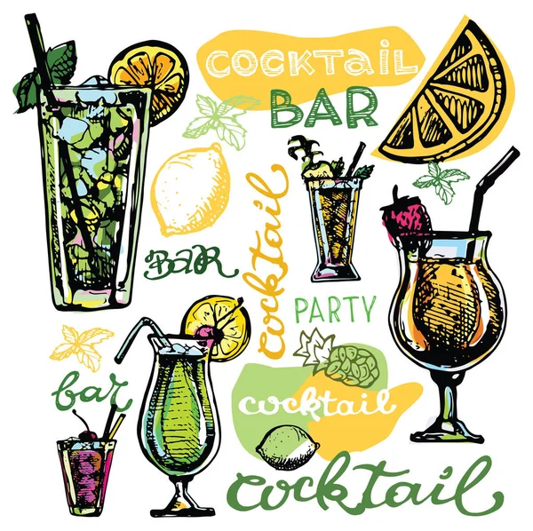 Cocktail set. Elementi per la progettazione grafica dei menu bar, ristoranti, inviti, annunci. Set di cocktail alcolici disegnato a mano. Illustrazione vettoriale vintage — Vettoriale Stock