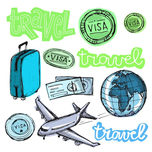 Hand drawn vector travel set. Vector illustration.  Let's go travel — Stock Vector