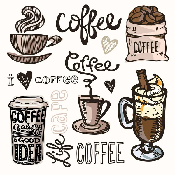 Kaffe samling - handritad illustration. Handritad kaffe set. Söt efterrätt — Stock vektor