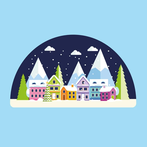 Paisaje forestal invernal con casas y árboles de Navidad y montañas. Ilustración vectorial — Vector de stock