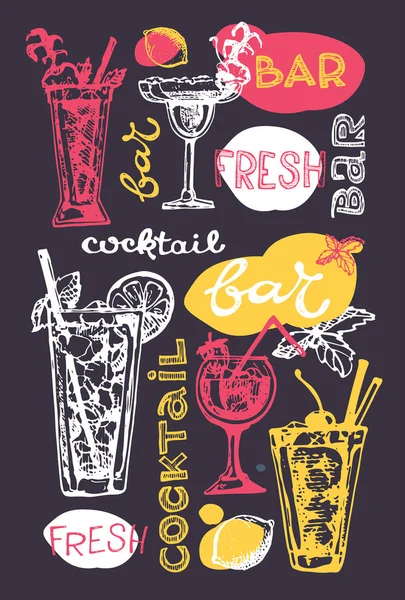 Cocktailset vorhanden. Elemente für die grafische Gestaltung der Menüs, Restaurants, Einladungen, Ansagen. Handgezeichnetes Skizzenset mit alkoholischen Cocktails. Vektor-Illustration — Stockvektor