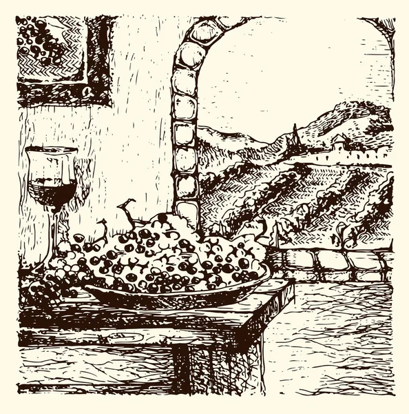 Виноградник оригінал боку звернено колекції, руки звертається виноградників. Векторні ілюстрації. Сільської місцевості, сільське господарство - боку звернено колекції. — стоковий вектор