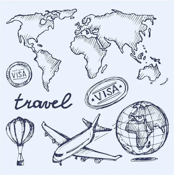 Hand drawn vector travel set. Vector illustration.  Let's go travel — Stock Vector