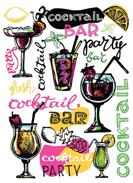 Cocktail set. Element för den grafiska formgivningen av menyn barer, restauranger, inbjudningar, meddelanden. Handritad skiss uppsättning alkoholhaltiga drinkar. Vintage vektorillustration — Stock vektor