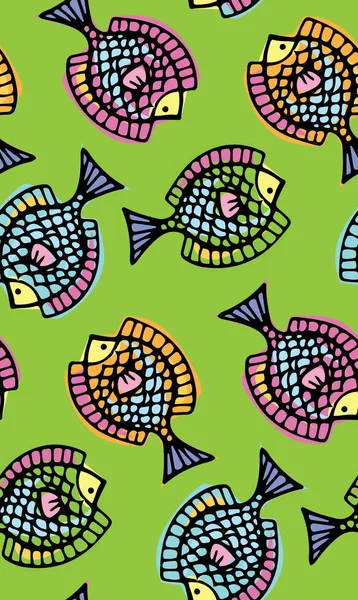 Hand getekend patroon met kleurrijke vissen. Doodles — Stockvector