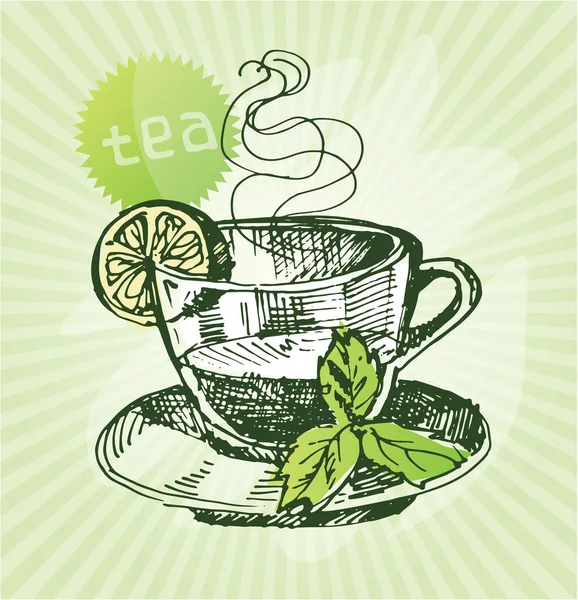 Illustrazione del tè scarabocchiato disegnato a mano. Limone e menta — Vettoriale Stock