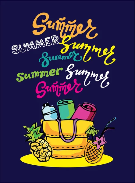Banner de verano de doodle vector dibujado a mano. Banner de plantilla de verano. ¡Hola, verano! Ilustración vectorial . — Vector de stock