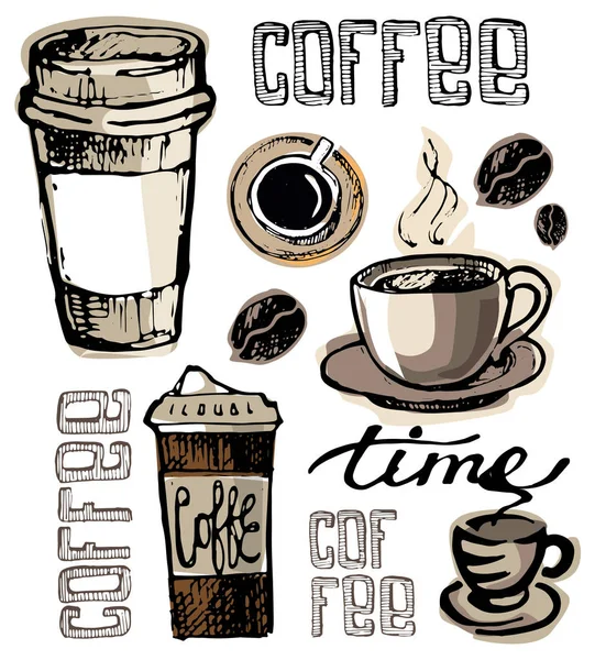 El çekilmiş kahve seti. Sütlü kabak vektör çizim.