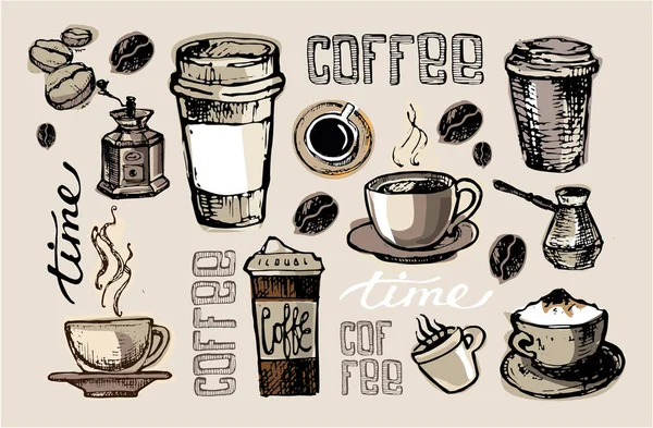 Coffret à café dessiné à la main. Latte avec illustration vectorielle citrouille . — Image vectorielle